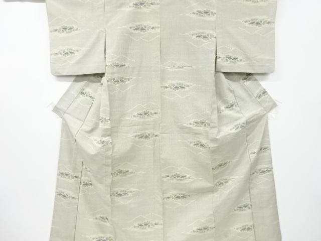 アンティーク　遠山に家屋風景模様織り出し十日町紬単衣着物